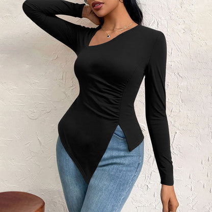 Women's Fashion Oblique Collar Autumn And Winter New Versatile Commuter Long-sleeved Top