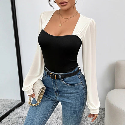 Knitted Long-sleeved Slim And Elegant Square Neck Jumpsuit For Women