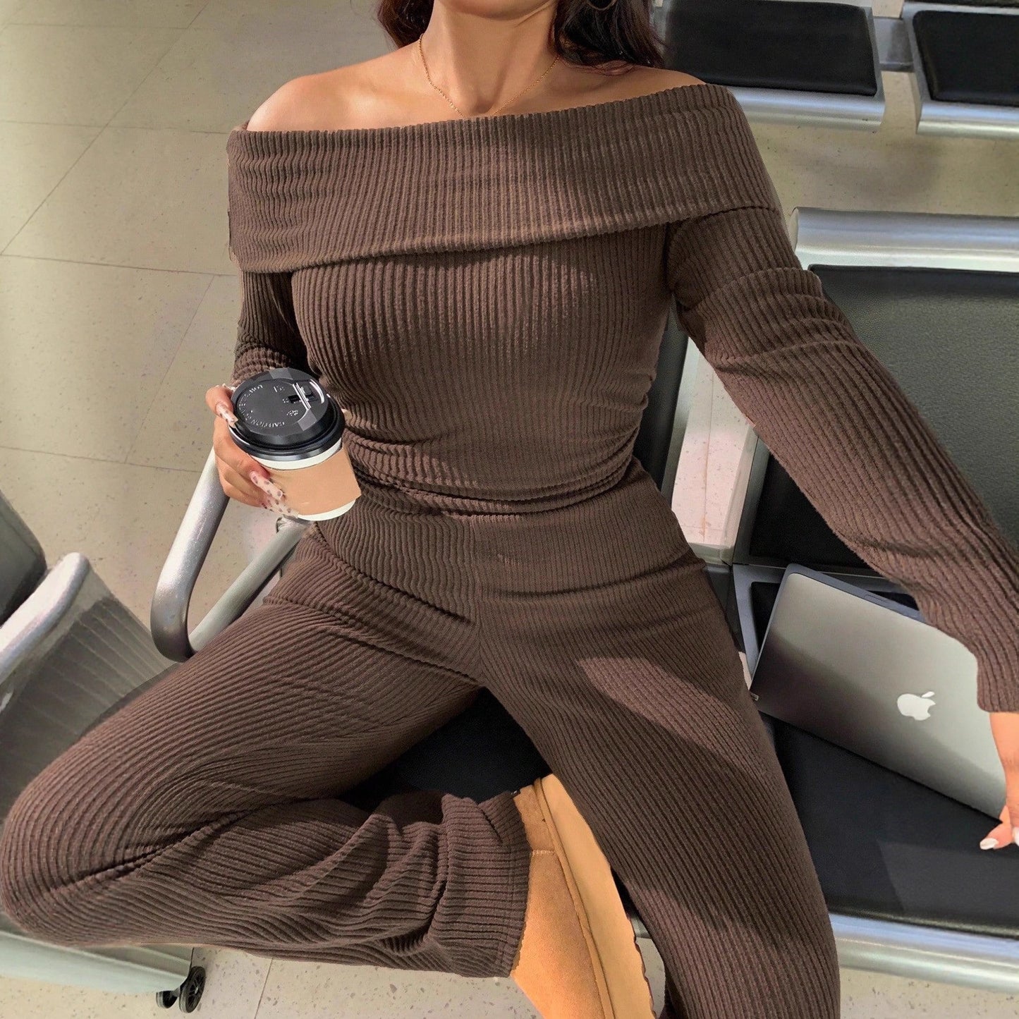 Women's Casual Ribbed Knit Off-shoulder Top