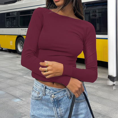 Chic Slim-fit Long-sleeve Solid-color Base T-shirt For Women
